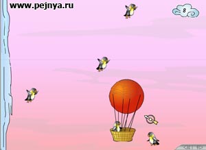 Интересная игра в каторой вы при помощи ветра управляете воздушным шаров и ловите им пингвинов прыгающих с утеса.