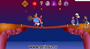 Забавная флешка. Надо перевести всех по бревну на противоположную сторону. Подбирайте пары так чтобы они уложились в заданное время.